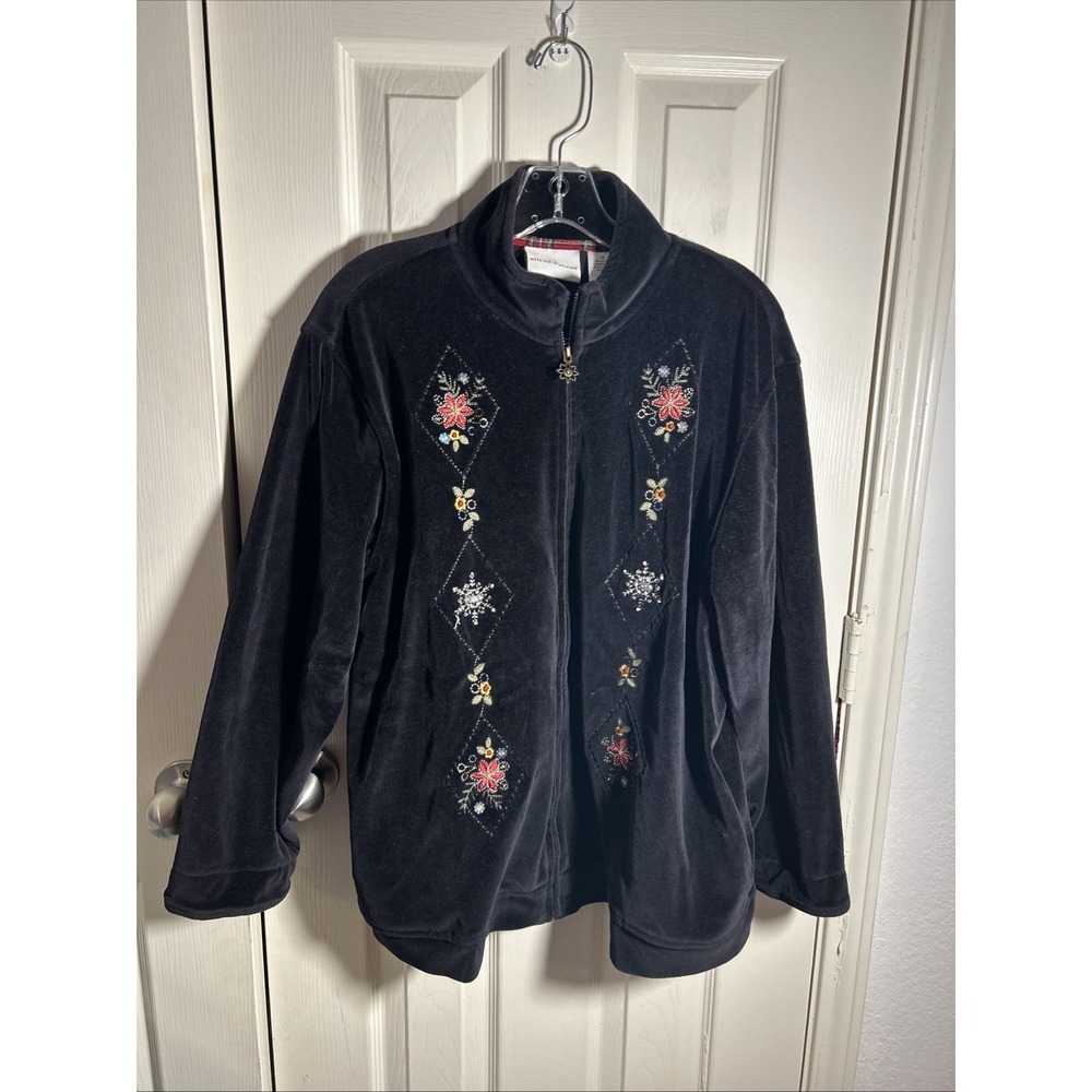 Alfred Dunner Velour Full Zip Jacket Size 16 Black, Floral Embroid. Beads Vtg